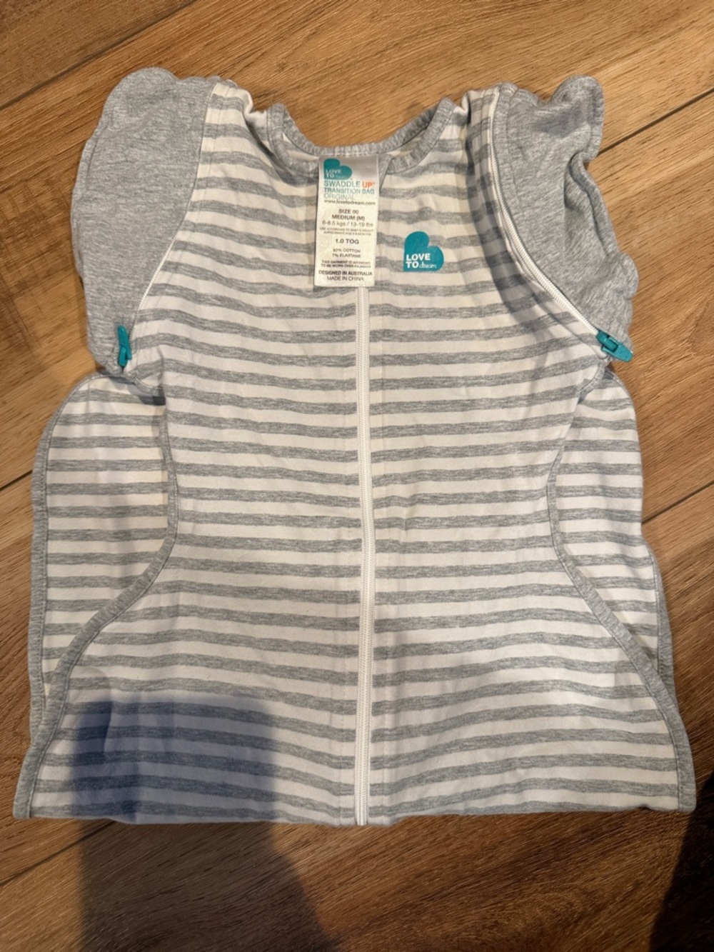 Love to Dream Grey & White Striped Swaddle Sleep Sack with Teal Logo